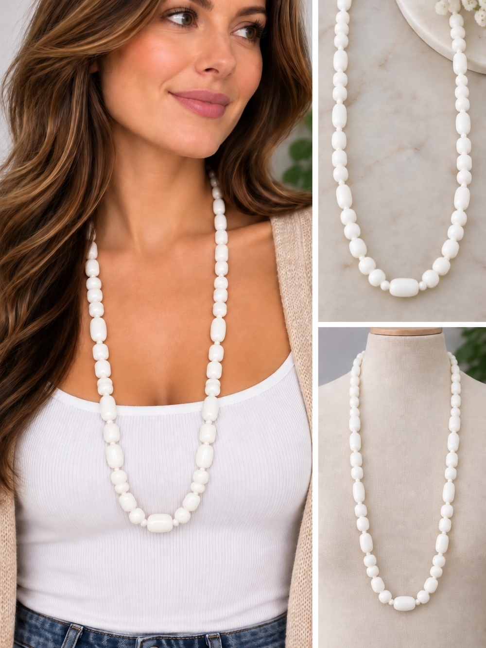 Elegant White Milk Glass Beaded  Necklace - Classic Women’s Jewelry